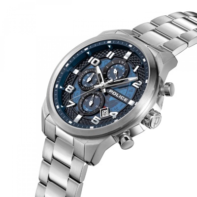 Relógio POLICE com bracelete metálica e mostrador azul com múltiplos submostradores