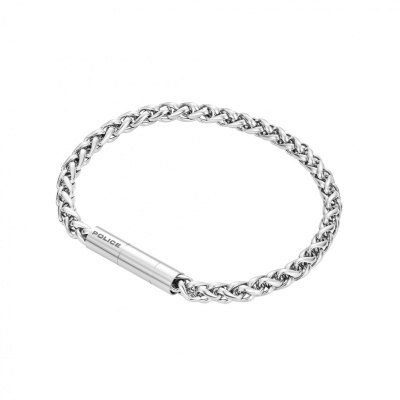 Pulseira prateada em metal com fecho cilíndrico e texto POLICE