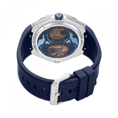 Relógio com bracelete azul e mecanismo visível