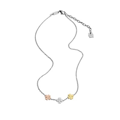 Colar com três flores metálicas coloridas e corrente prateada