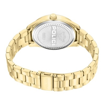 Relógio de pulso dourado com mostrador prateado e texto POLICE na parte traseira