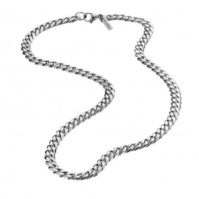 Colar de corrente prateada com elos grossos e fecho com etiqueta GUESS