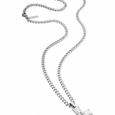 Colar de metal prateado com pendente em forma de cruz e texto POLICE