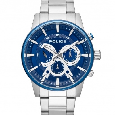 Relógio de pulso POLICE azul e prateado com três submostradores e bracelete em metal.