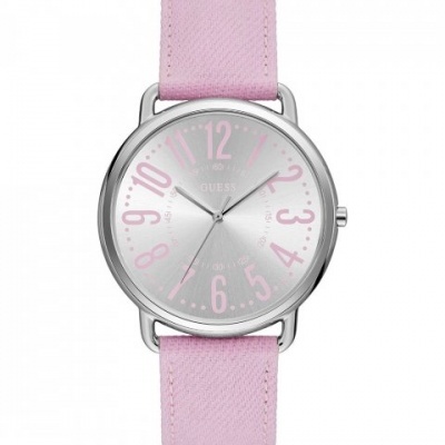 Relógio de pulso com bracelete rosa e mostrador prateado