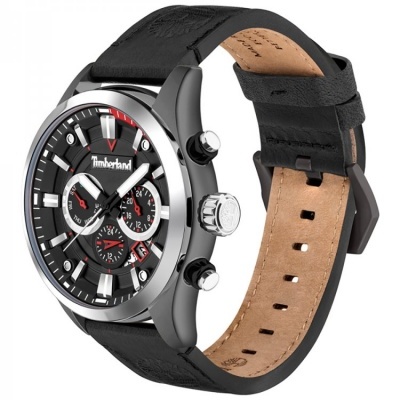 Relógio Timberland com bracelete de pele preta e mostrador preto com detalhes vermelhos.
