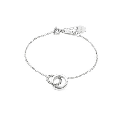 Pulseira prateada com pendentes circulares entrelaçados e fecho de mola