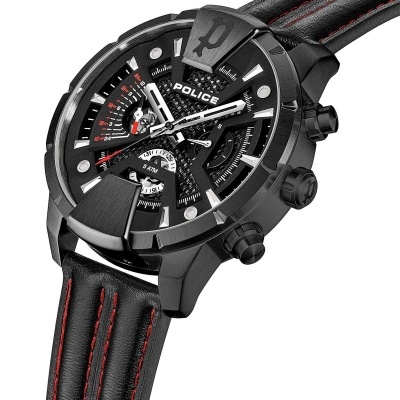 Relógio POLICE preto com pulseira em pele preta e costuras vermelhas