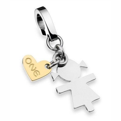 Pingente metal prateado boneca com coração dourado LOVE