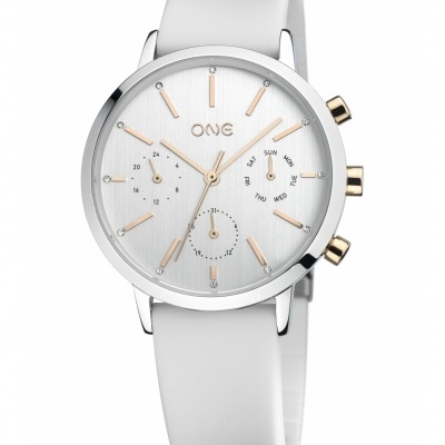 Relógio branco com mostrador prateado e detalhes dourados