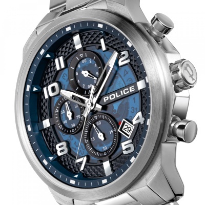 Relógio Police com caixa e bracelete metálicos, mostrador azul com submostradores e data.
