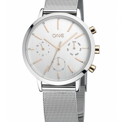 Relógio de pulso prateado com mostrador branco e detalhes dourados.