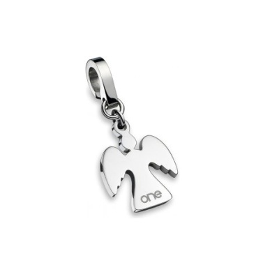 Pingente prateado em forma de anjo com inscrição 'one'