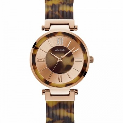 Relógio Guess dourado e marrom padrão tartaruga com bracelete flexível