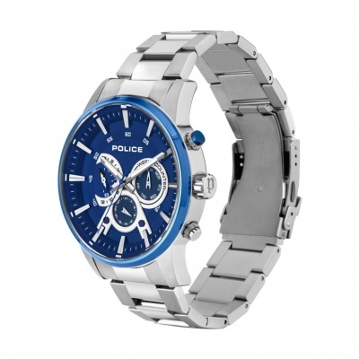 Relógio de pulso metálico prateado com mostrador azul da marca POLICE