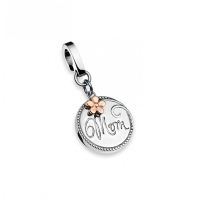 Pendente redondo prateado com palavra 'Mom' e flor dourada