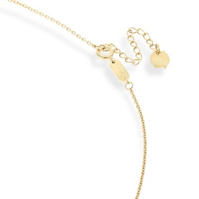 Colar dourado com corrente fina, chapa gravada 'SAND' e pendente de fruta na extensão