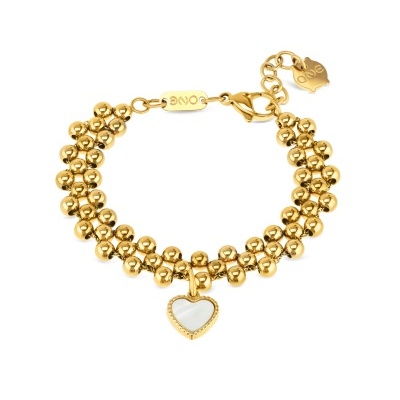 Pulseira dourada com pendente em forma de coração e inscrições ONE