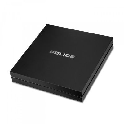 Caixa preta quadrada com logo POLICE prateado