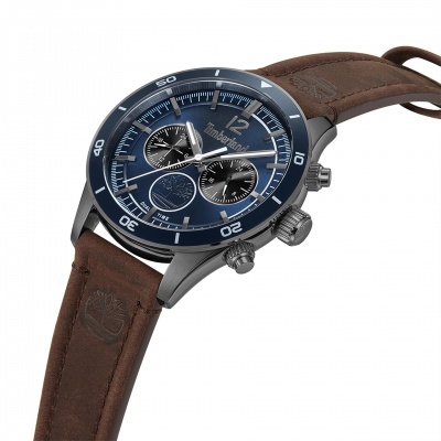 Relógio de pulso com mostrador azul e bracelete de pele castanha