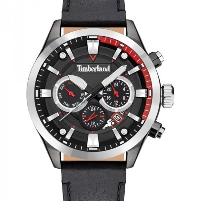 Relógio Timberland preto com detalhes vermelhos e brancos e pulseira de couro preta