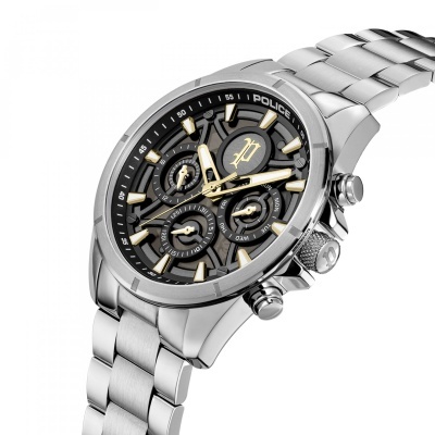 Relógio de pulso metálico com mostrador preto e detalhes dourados