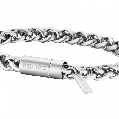 Pulseira metálica prateada com fecho e pendente gravados POLICE