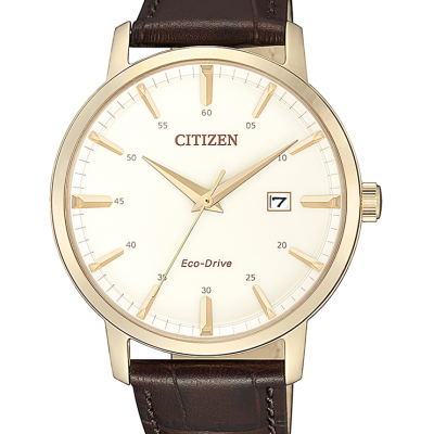 Relógio Citizen Eco-Drive com mostrador branco e bracelete castanha em couro