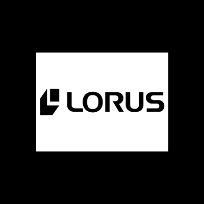 Logotipo da LORUS em preto com símbolo geométrico