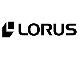 Logotipo da LORUS em preto com símbolo geométrico