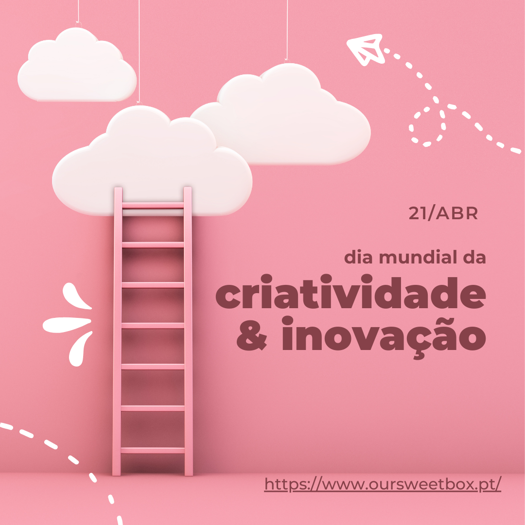 Nuvens brancas e escada cor-de-rosa em fundo rosa com texto de data e criatividade