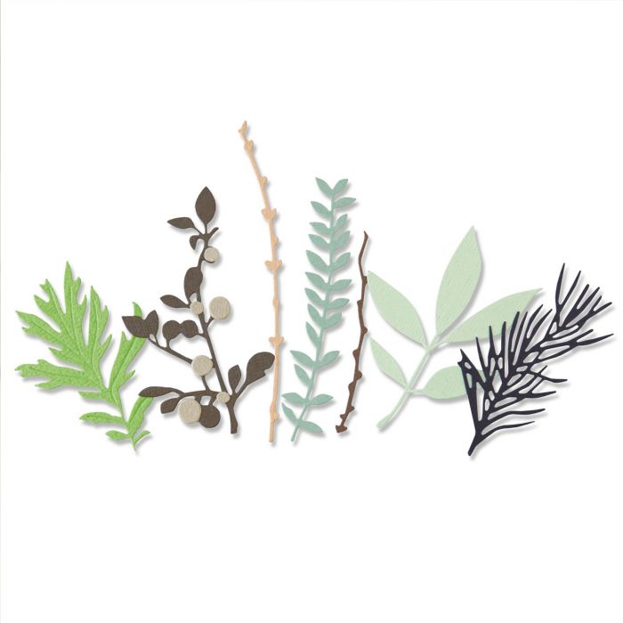 Thinlits Die Set 9PK Hidden Leaves Recortes de papel em formas de folhas e ramos de várias cores sobre fundo branco