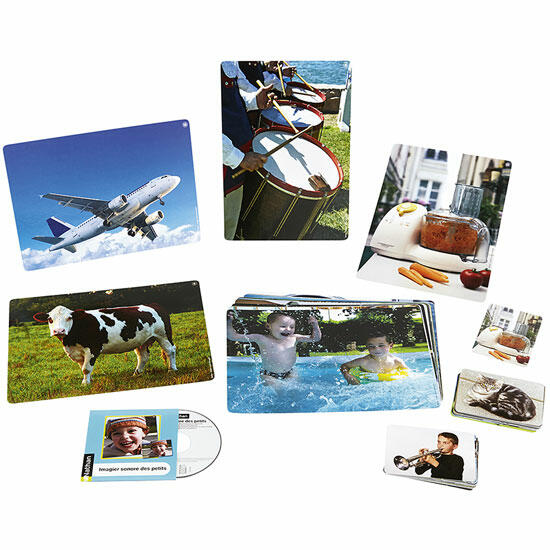 Imagier Sonoro - Quotidiano cartões ilustrados variados com imagens de avião, tambores, vaca, crianças na piscina e mais