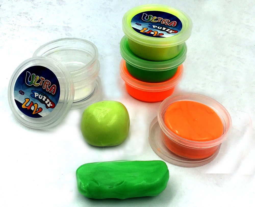 Conjunto de Massa Terapêutica UV Potes de plástico com tampas coloridas e massa de modelar verde e laranja