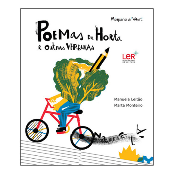 Poemas da Horta e Outras Verduras Capa de livro com ilustração de pessoa bicicleta, folhas verdes e lápis