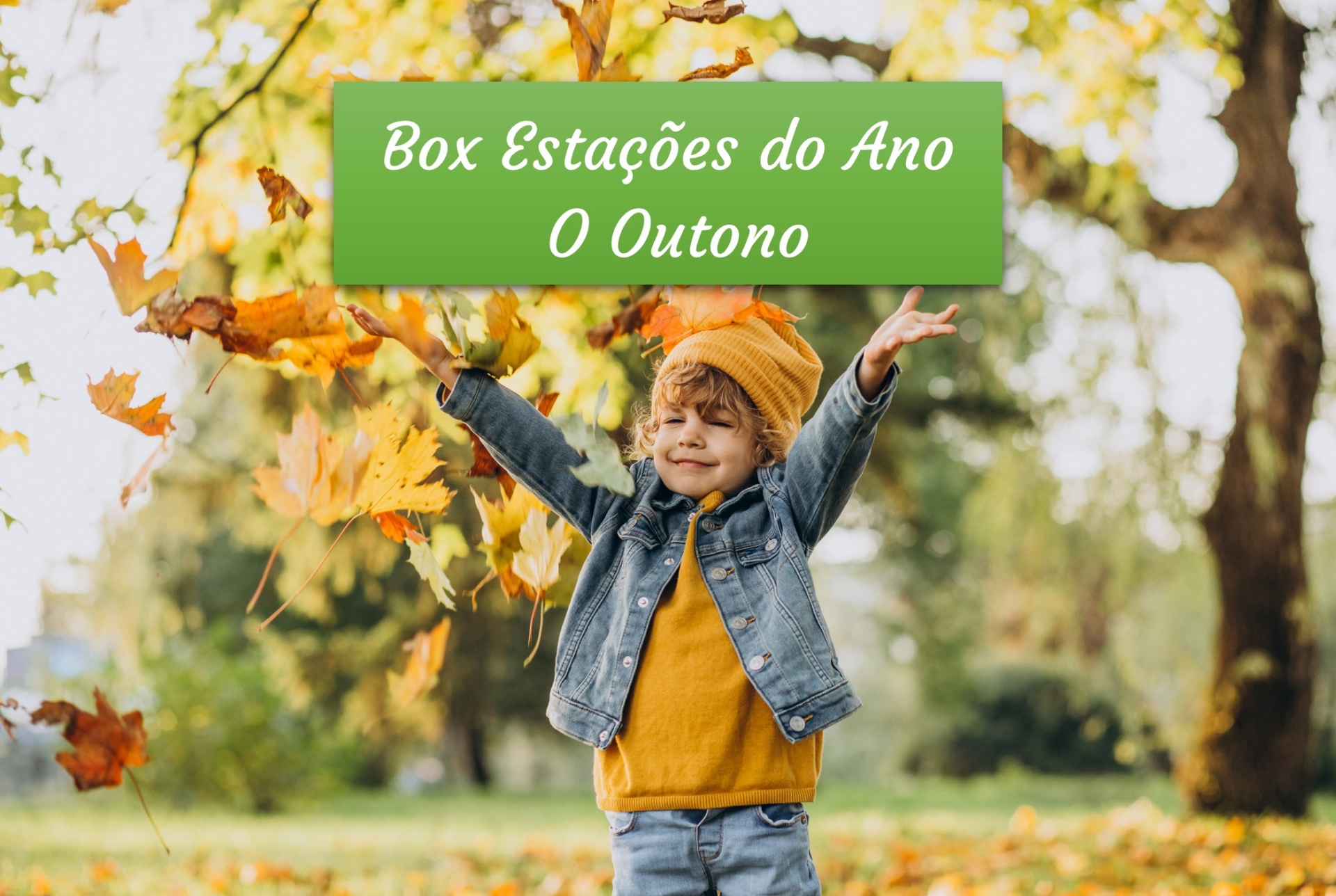 Box Estações do Ano - O Outono Criança com roupa amarela e casaco jeans em parque com folhas de outono e texto promocional