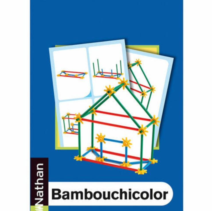 Bambouchicolor - O Dossier Estrutura de casa feita com varetas coloridas e conectores amarelos com instruções e texto Nathan Bambouchicolor