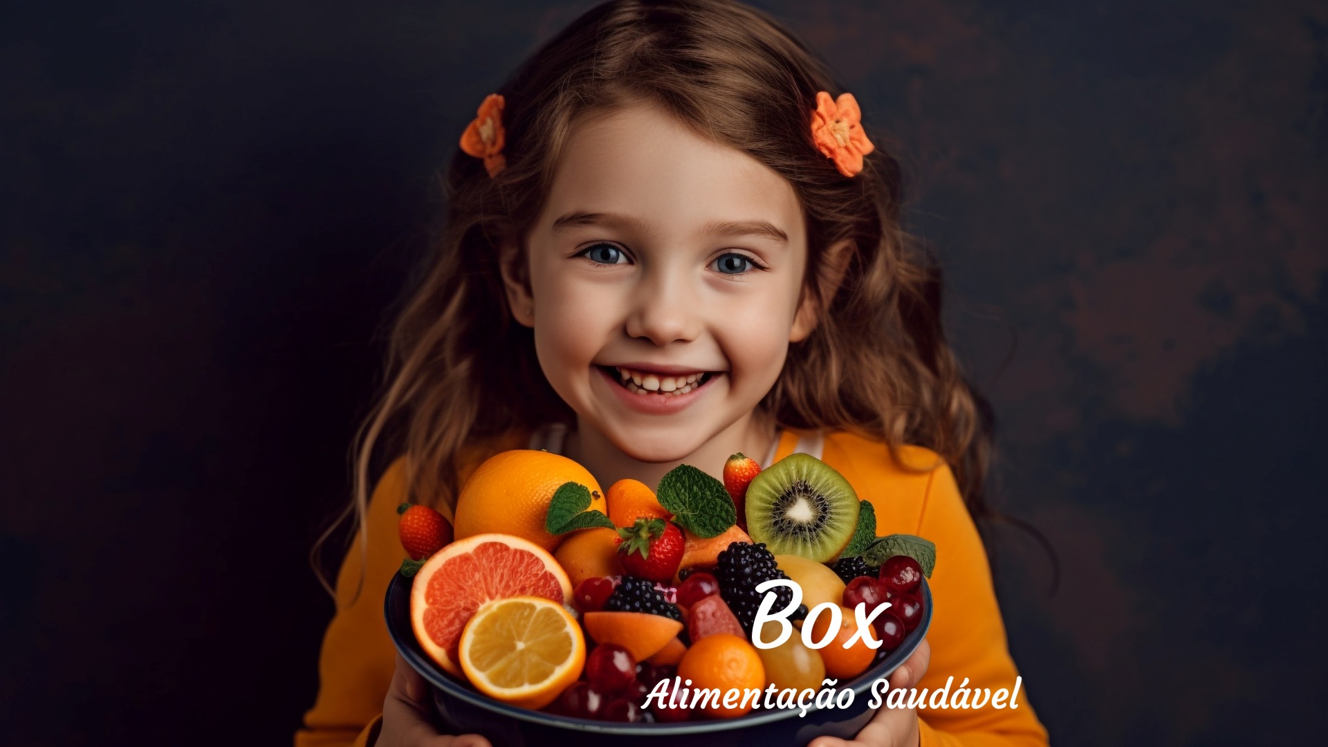 Box Alimentação Saudável Menina sorridente com prato de frutos frescos e texto promocional