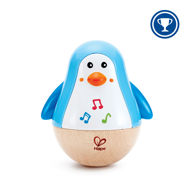 Penguin Musical Wobbler Brinquedo boneco pinguim de madeira e plástico com notas musicais coloridas e logótipo Hape