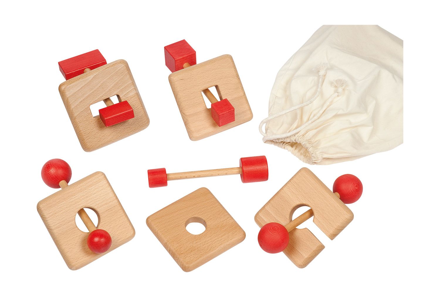 Tucky Peças de madeira naturais e vermelhas para montar com saco de tecido
