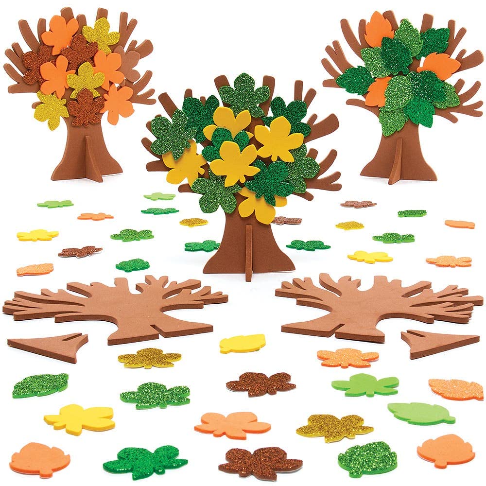 Kit Árvore Árvores decorativas em espuma castanha com folhas coloridas em várias cores e padrões sobre fundo branco