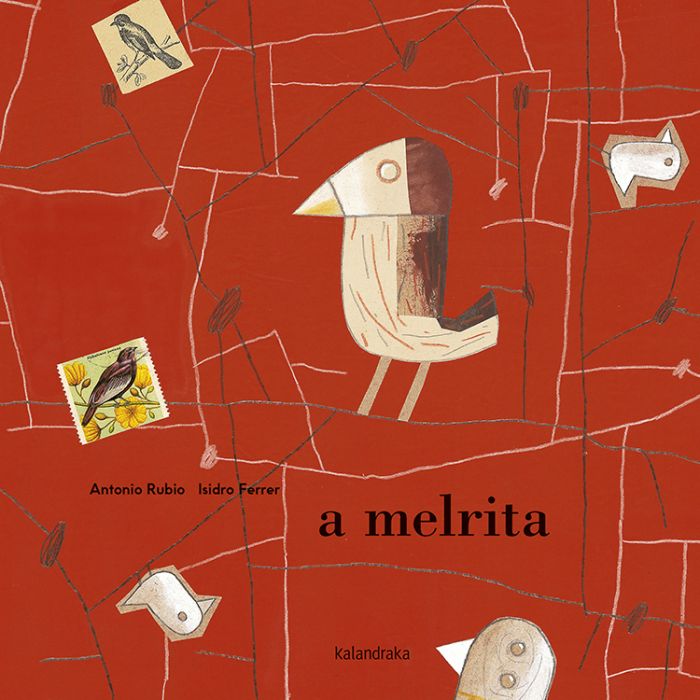 A melrita Capa de livro com desenho abstrato de pássaros e texto em fundo vermelho