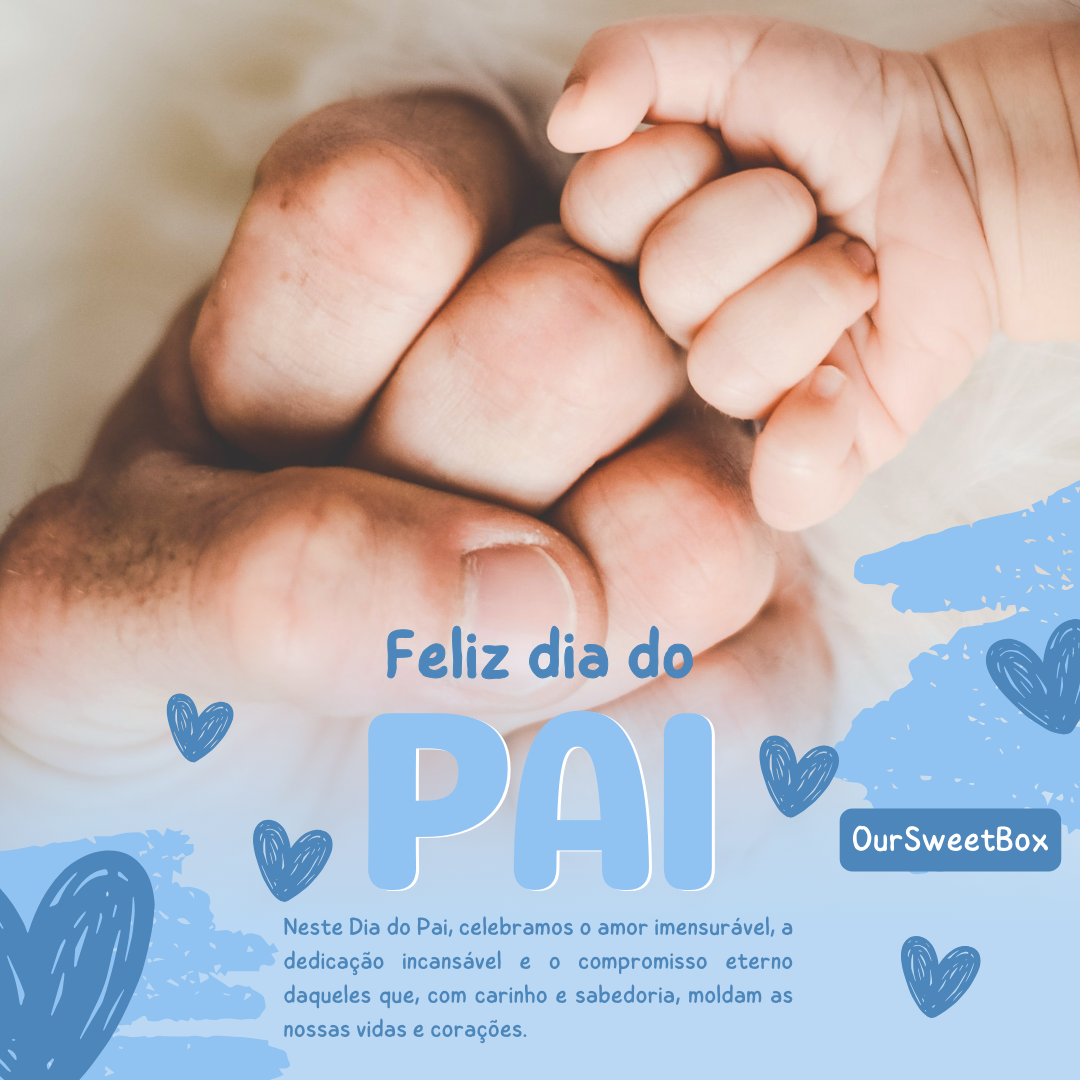 Mão adulta segurando mão de criança com texto feliz dia do pai em azul e corações