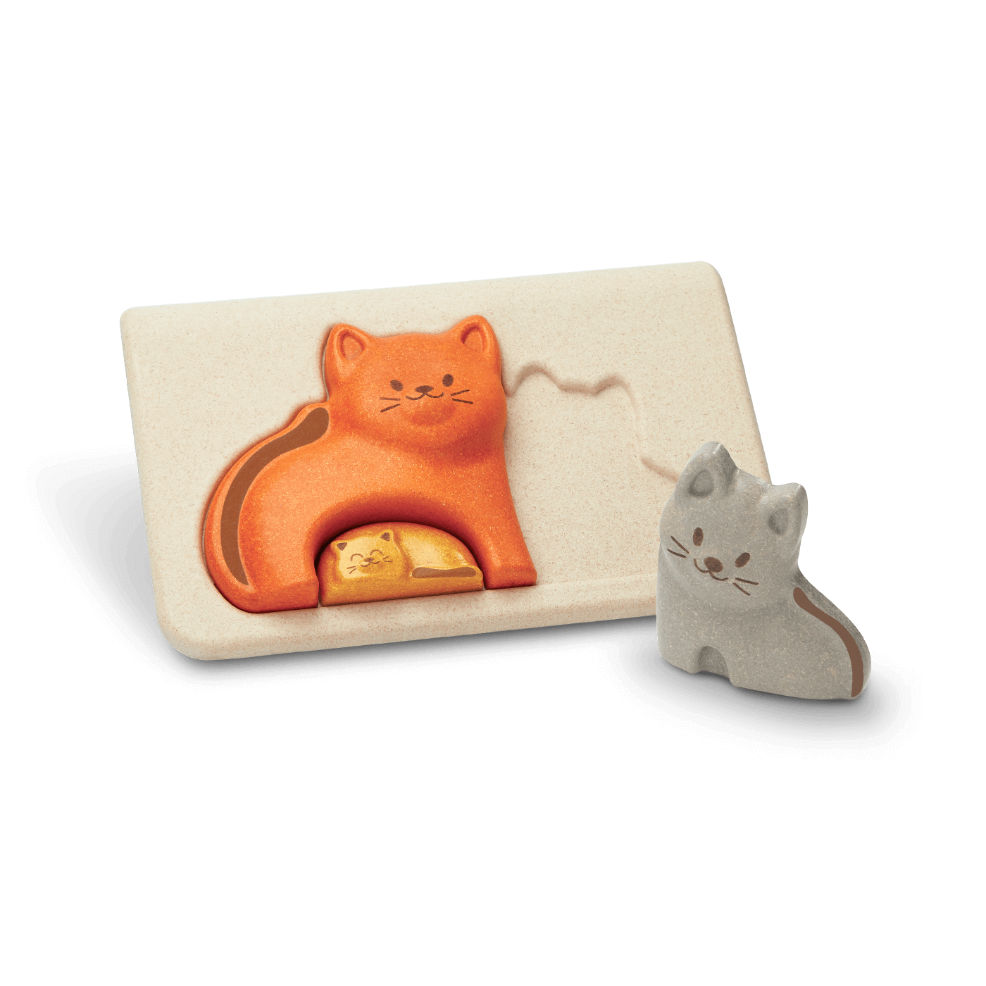 Quebra-cabeças de gato em peças de cor laranja e cinza numa base creme