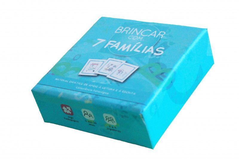 Brincar com 7 Famílias Caixa azul de jogo de cartas BRINCAR COM 7 FAMÍLIAS em cartão