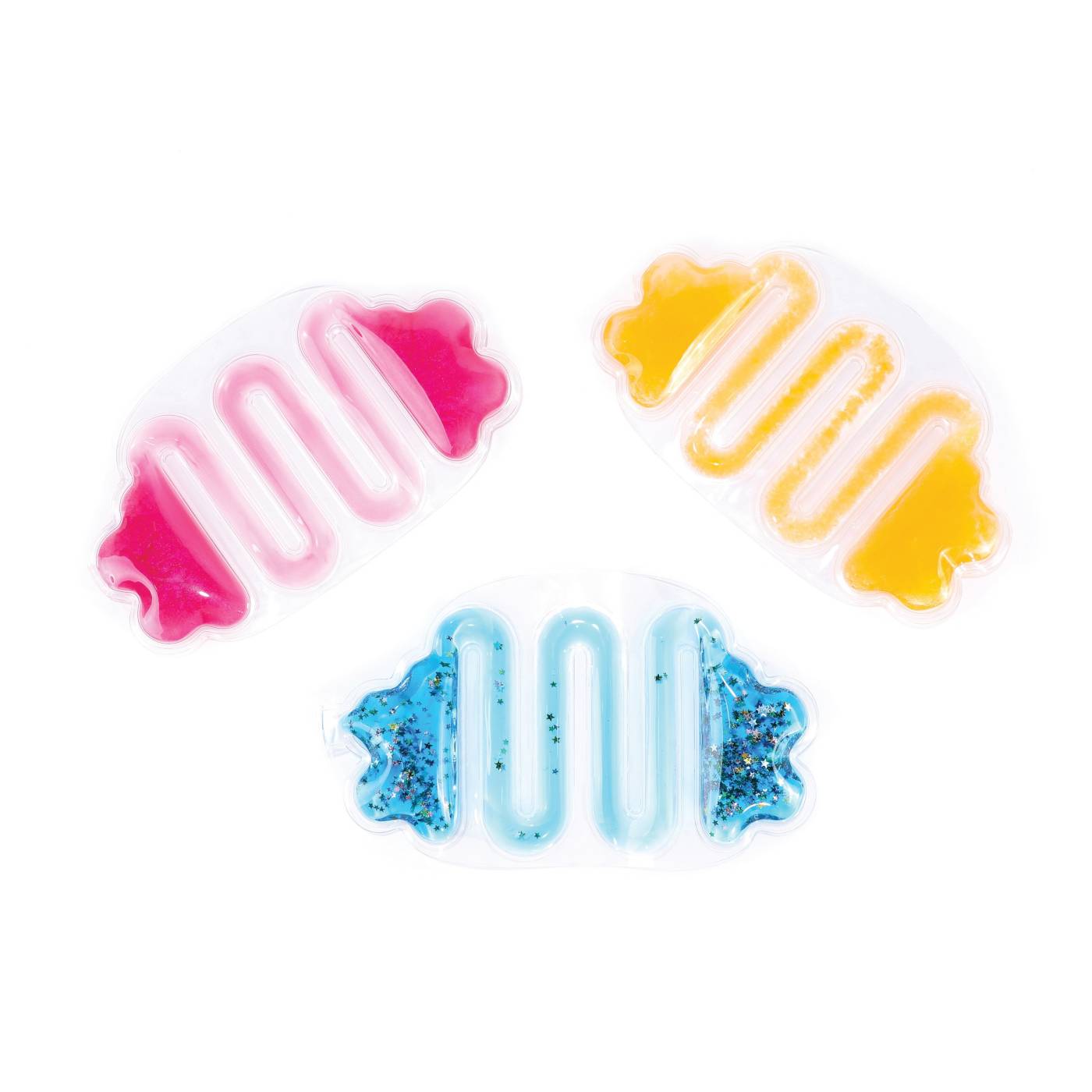Formas Sensoriais Tubos (conjunto de 3 unidades) Bolsas térmicas coloridas reutilizáveis em gel rosa, amarelo e azul com estrelas.