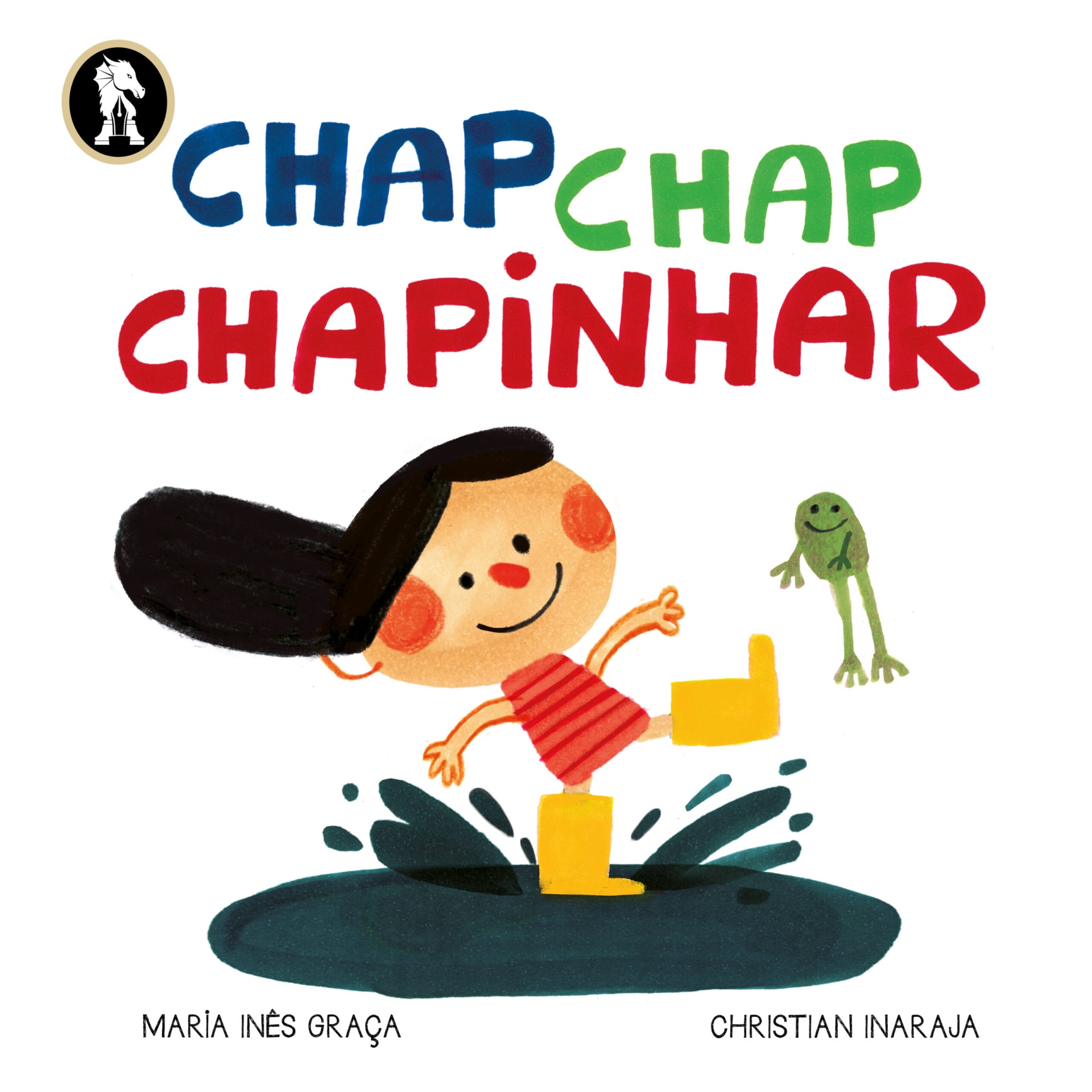 Chap Chap Chapinhar Capa de livro infantil com criança a saltar numa poça e sapo verde