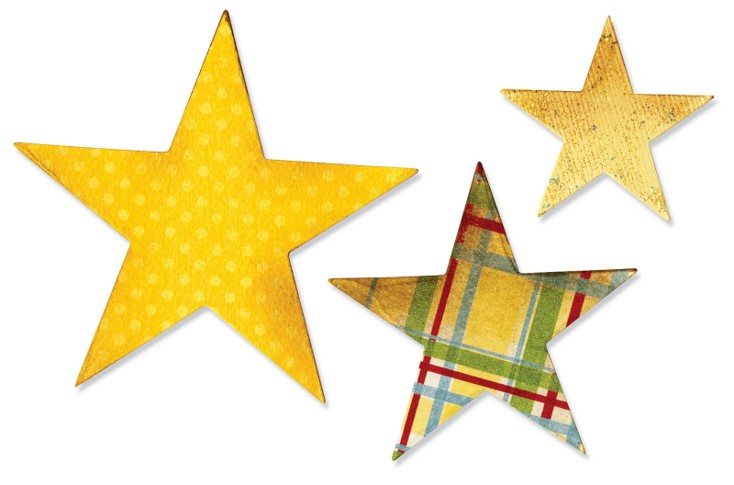 Bigz Die Stars Três estrelas de papel decorativas com diferentes padrões e cores sobre fundo branco