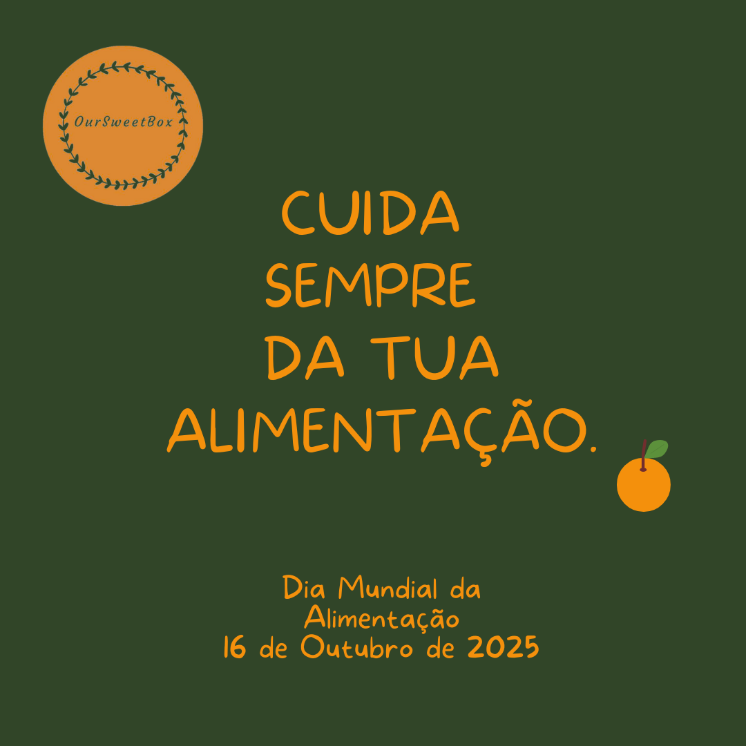 Fundo verde escuro com texto laranja motivacional sobre alimentação e data Dia Mundial da Alimentação, com logo e desenho de laranja