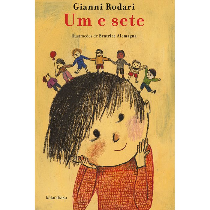 Um e sete Capa do livro 'Um e sete' de Gianni Rodari com ilustração de criança e pequenas figuras coloridas.